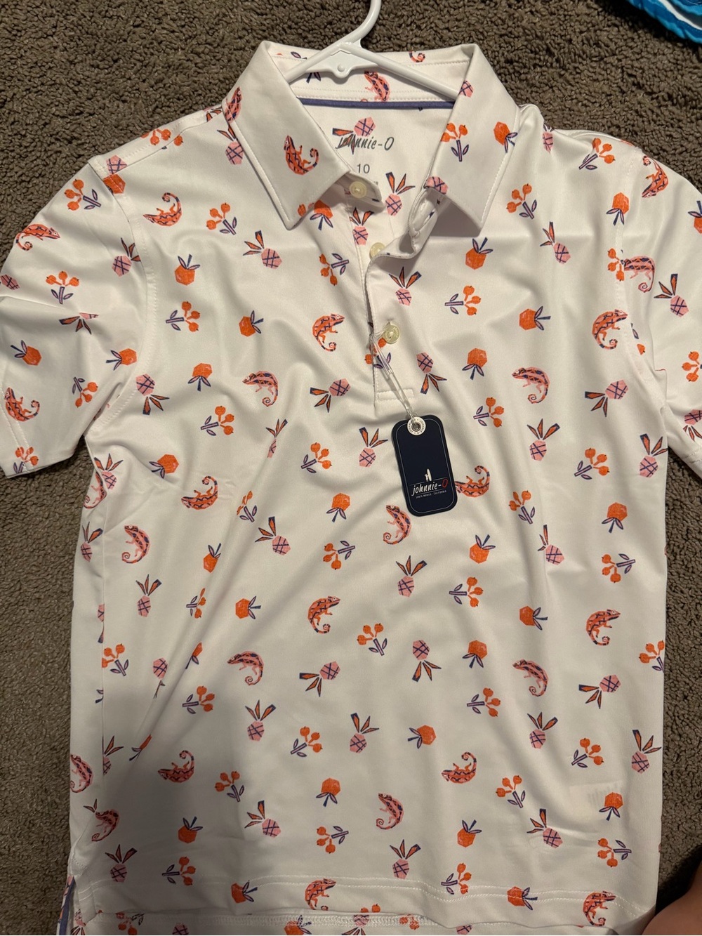 Johnnie-O White Polo with Orange & Purple Print